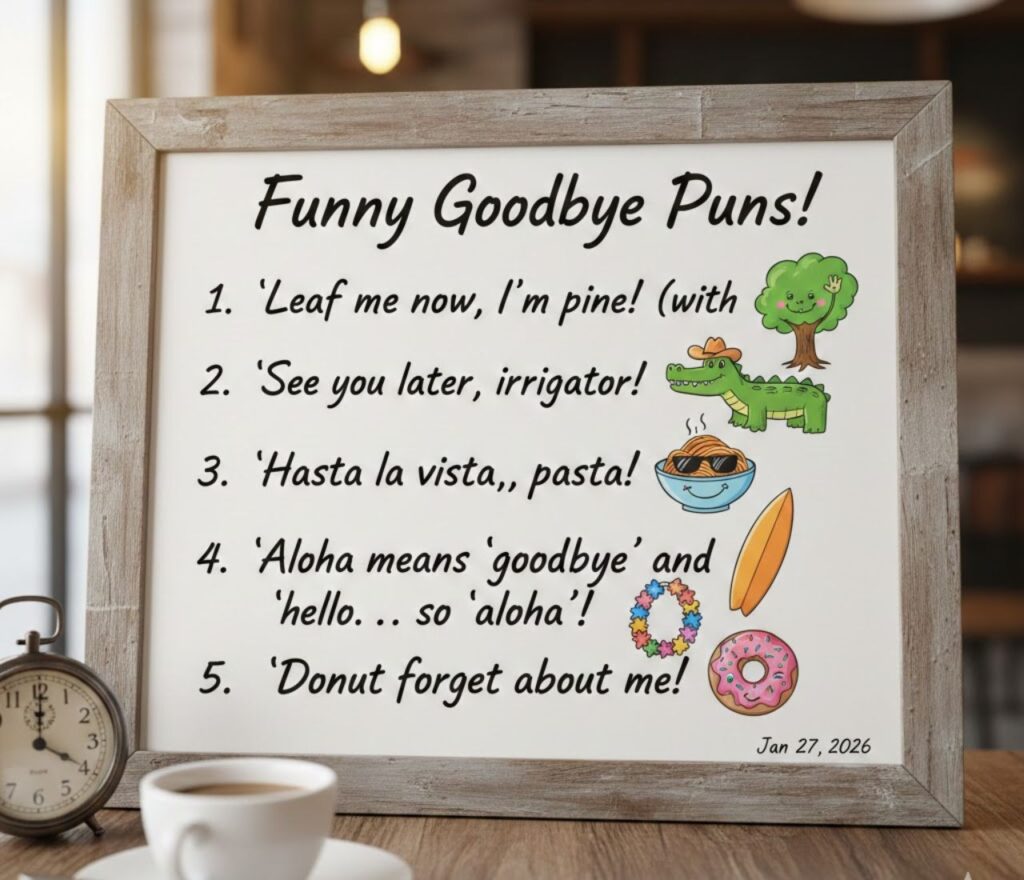 Funny goodbye puns featuring playful farewells, clever wordplay, parting jokes, lighthearted laughs, and shareable captions to say “see you later” with humor.