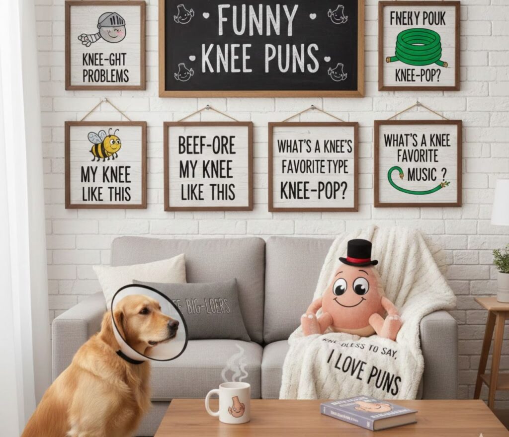 Funny knee puns featuring joint humor, clever wordplay, bendy jokes, lighthearted laughs, and shareable captions for anatomy and pun fans.
