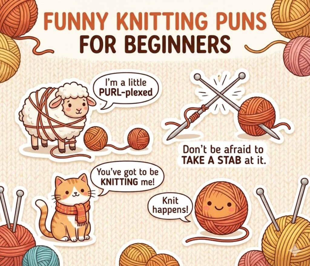 Funny knitting puns for beginners featuring yarn jokes, simple wordplay, cozy humor, beginner stitches, lighthearted laughs, and crafty smiles.
