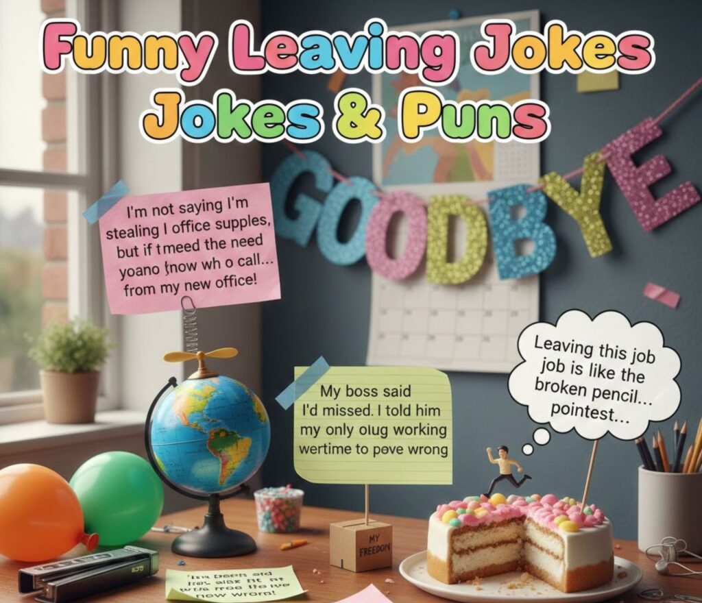 Funny leaving jokes and puns featuring playful farewells, clever wordplay, lighthearted laughs, and shareable captions to make goodbyes memorable