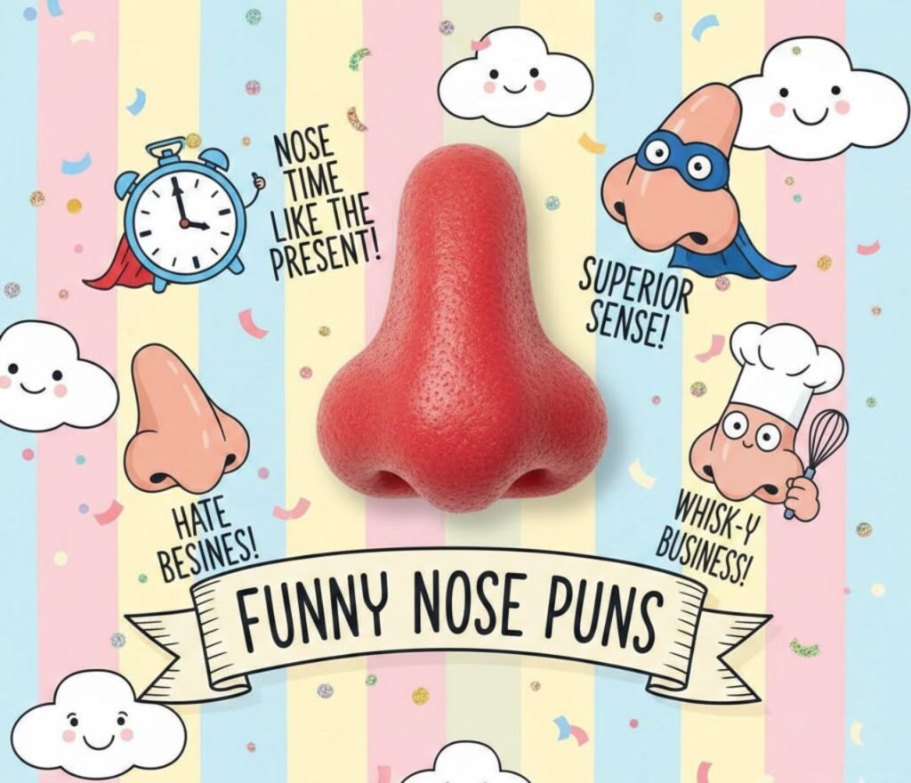 A cheerful cartoon nose sneezes, surrounded by word bubbles with puns like "Snot my problem!" and "That's nothing to sniff at.