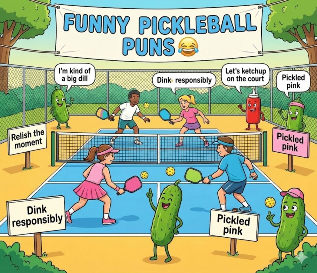 Pickleball puns featuring paddle humor, court wordplay, sporty jokes, playful rallies, and shareable laughs for fans and players everywher
