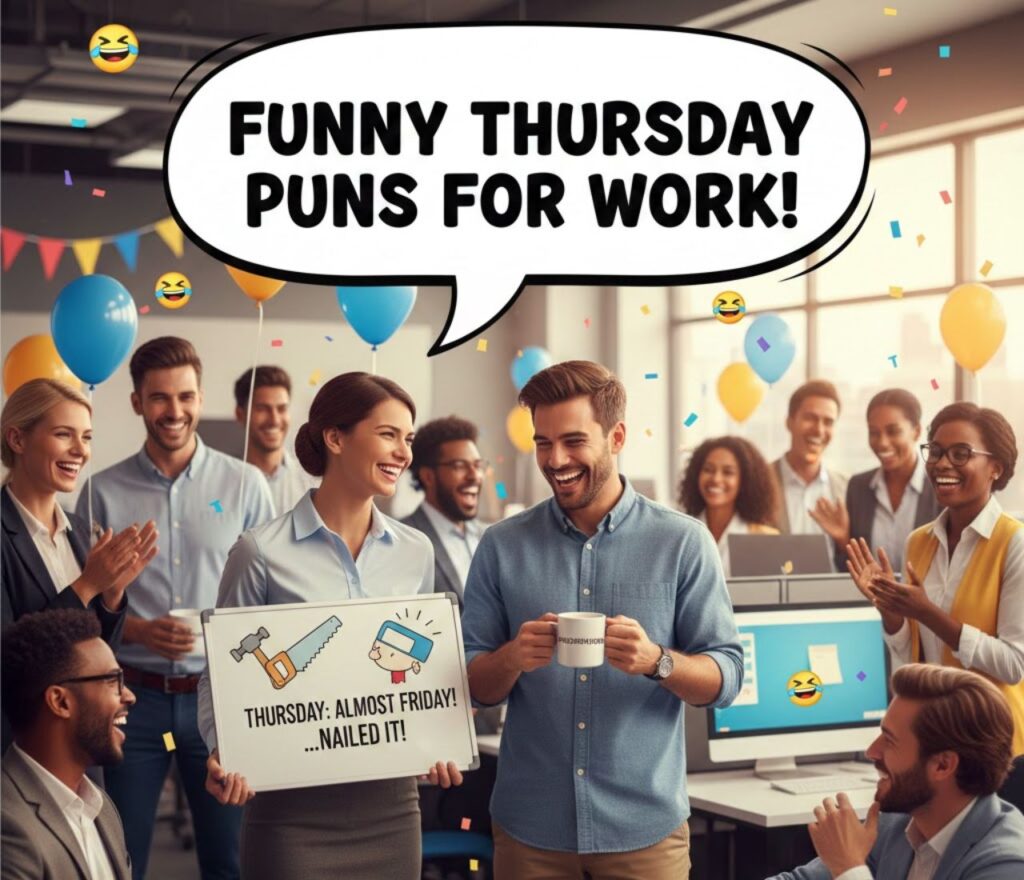 Cheerful office illustrations share funny Thursday puns, boosting workday morale with light humor, coffee jokes, and almost-Friday vibes.
