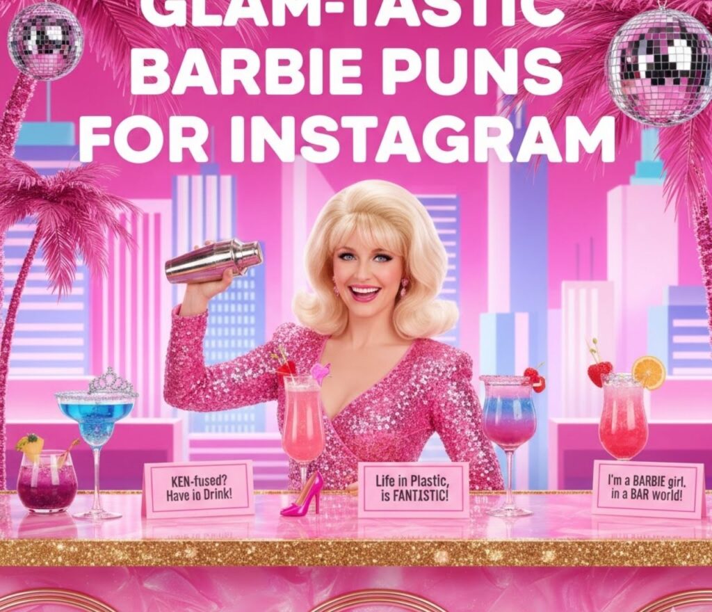 Glam-tastic Barbie puns for Instagram featuring pink vibes, stylish wordplay, fashion humor, playful sparkle, and shareable, fabulous laughs.