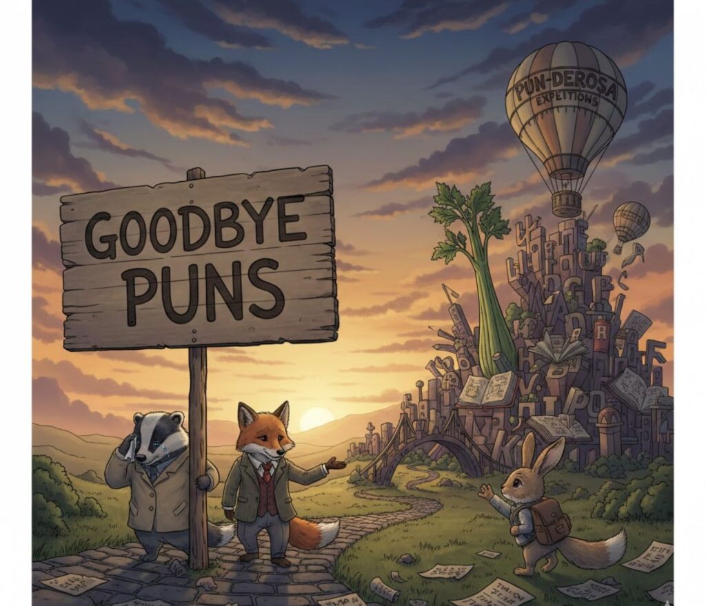 Goodbye puns featuring playful farewells, clever wordplay, parting jokes, lighthearted laughs, and shareable captions for leaving in style.