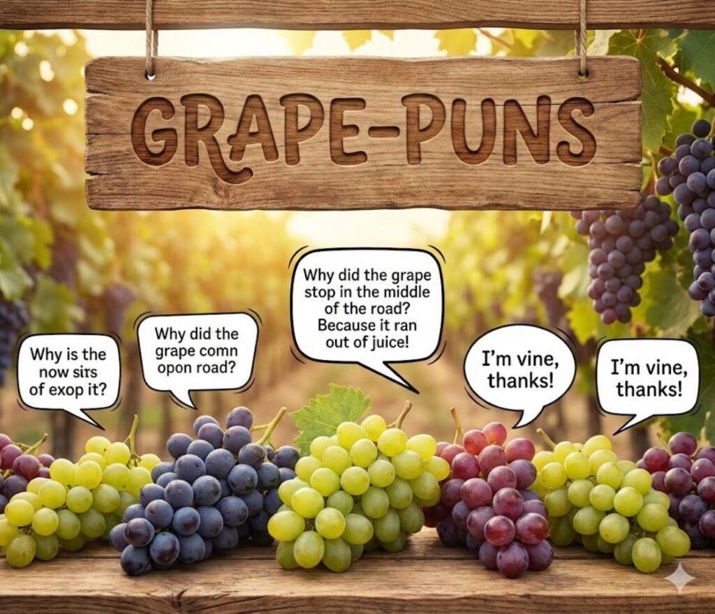 Grape puns featuring juicy wordplay, vine humor, fruity jokes, playful laughs, and sweet, shareable captions for social media fun.