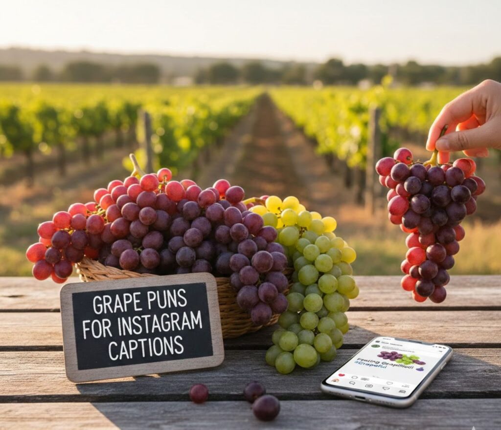 Grape puns for Instagram captions featuring juicy wordplay, fruity humor, playful jokes, sweet vibes, and shareable laughs for social media posts.