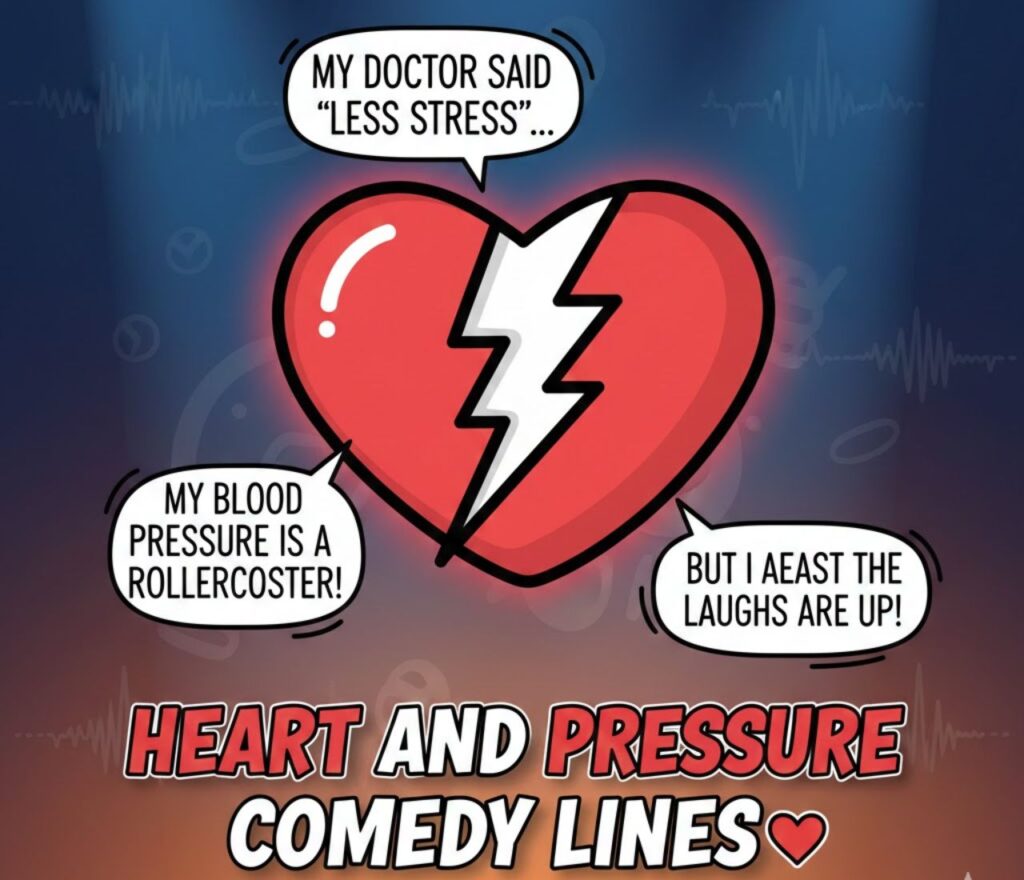 Heart and pressure comedy lines featuring playful blood pressure jokes, cardiovascular wordplay, light humor, and relatable laughs for wellness readers.
