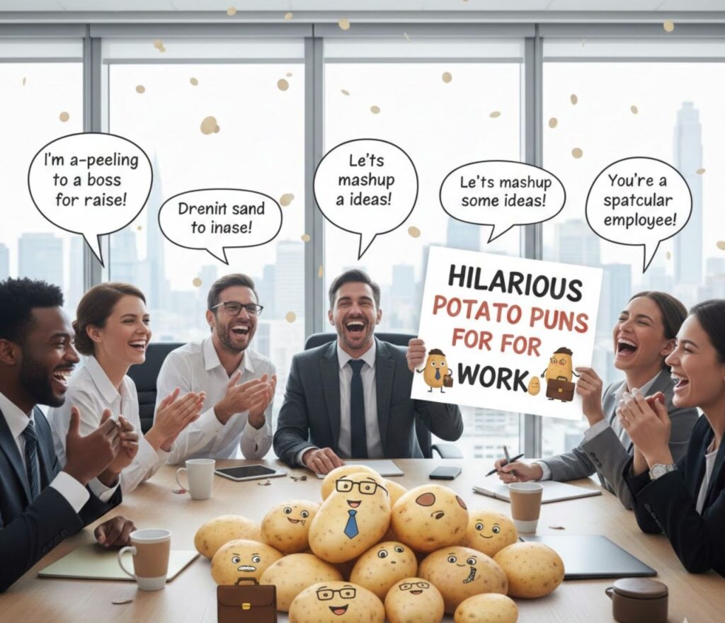 Office cartoon potatoes hold pun signs like Spec-tater-ular and Spud you believe it, cheering coworkers with light, clean humor.
