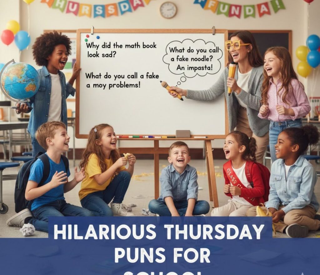 Cute classroom cartoons share hilarious Thursday puns, mixing school humor, notebooks, and smiles to make learning feel fun.