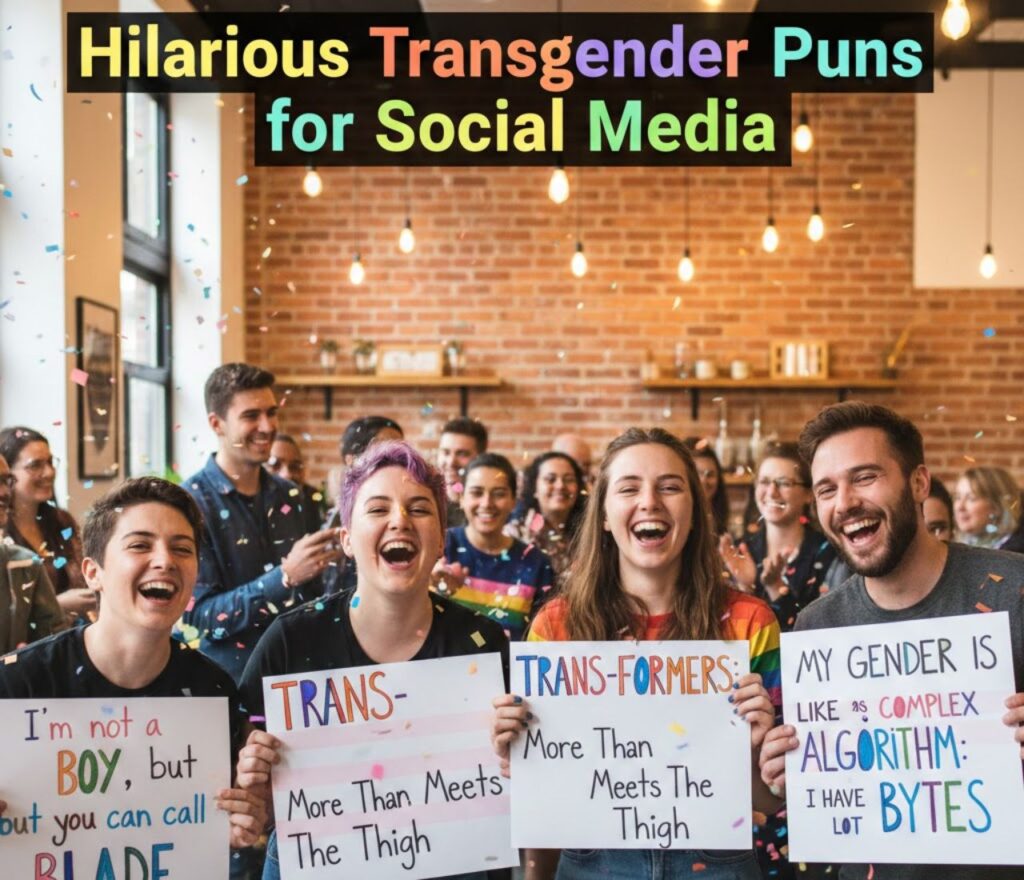 Hilarious transgender puns for social media featuring inclusive humor, playful wordplay, positive vibes, respectful laughs, and shareable captions online.