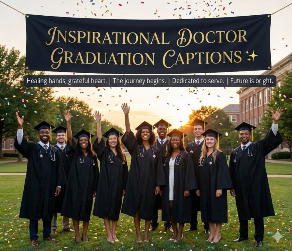 Inspirational doctor graduation captions celebrating dedication, perseverance, medical dreams fulfilled, proud families, heartfelt smiles, and future healthcare heroes worldwide today.