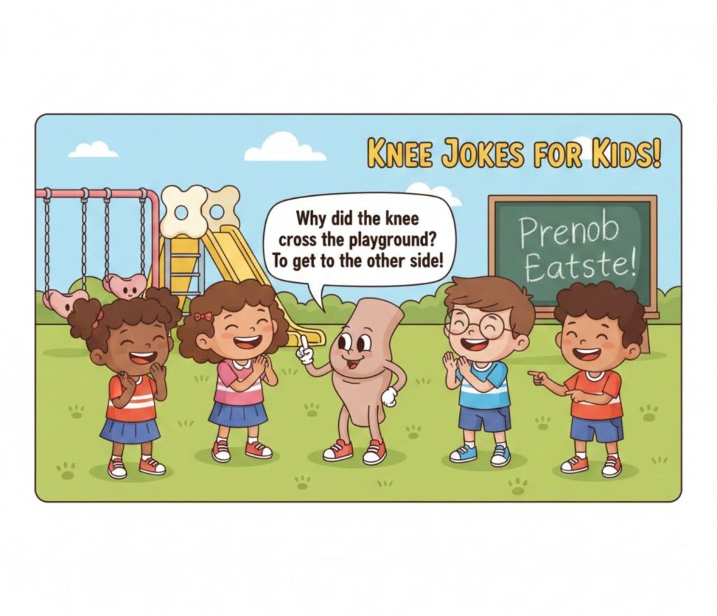 Knee jokes for kids featuring silly joint humor, playful wordplay, bendy puns, lighthearted laughs, and shareable giggle