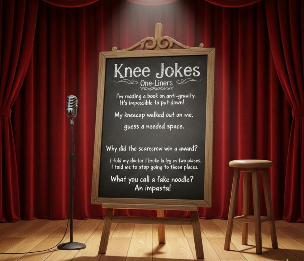 Knee jokes one-liners featuring quick joint humor, clever wordplay, bendy puns, lighthearted laughs, and shareable short quips. 🦵😆
