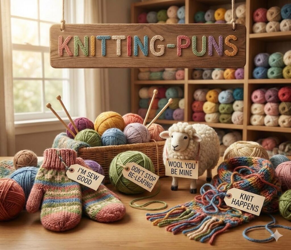 Knitting puns featuring yarn humor, stitchy wordplay, cozy jokes, crafty laughs, warm vibes, and shareable captions for knitting lovers.
