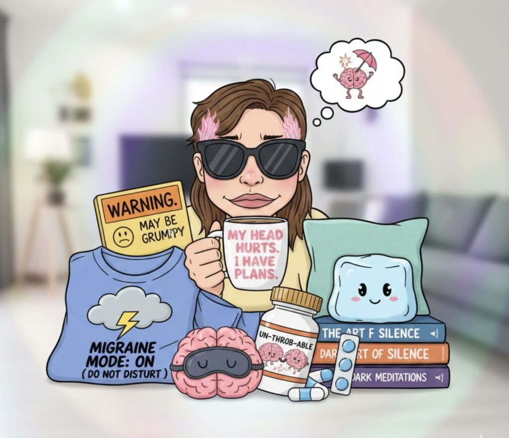 Lighthearted migraine humor collection featuring gentle jokes, relatable wordplay, positive vibes, comforting laughs, and shareable content for headache sufferers.
