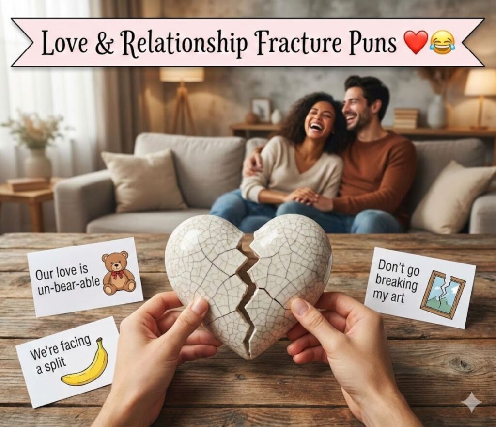 Love and relationship fracture puns featuring playful heartbreak humor, clever wordplay, witty break-up jokes, and lighthearted, shareable laughs.