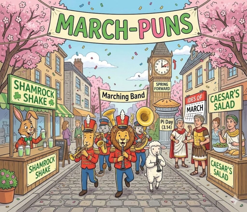 March puns featuring springtime wordplay, seasonal humor, lucky jokes, breezy vibes, playful laughs, and shareable captions for social media fun.