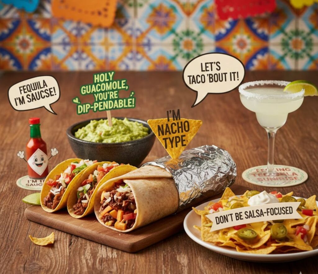 Mexican food puns featuring taco, burrito, salsa, and guac wordplay, spicy humor, flavorful jokes, and shareable laughs for foodie fans