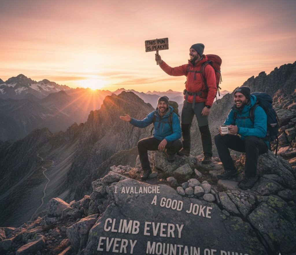 Mountain adventure puns featuring peak humor, trail wordplay, hiking jokes, high-altitude laughs, and shareable captions for outdoor lovers.