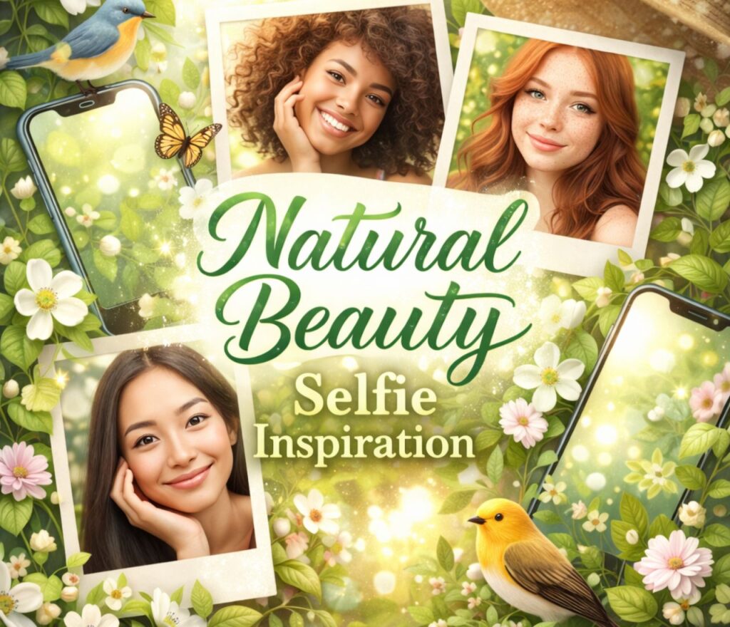 Elegant beauty products and soft florals surround inspiring captions and quotes, creating a calm, confident, and uplifting aesthetic mood.