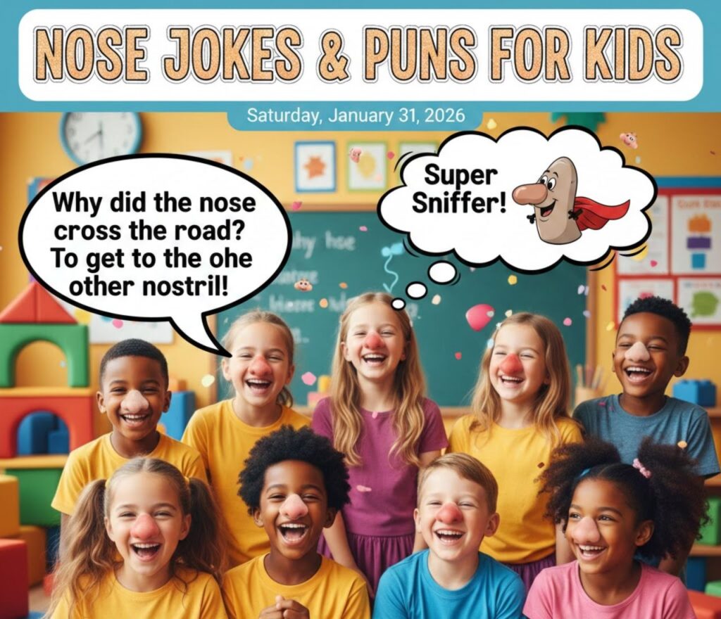 A cartoon bandaged nose smiles with crutches, next to a sign saying "Rhinoplasty Recovery" with puns like "I'm fixing to look nostrildinary!"