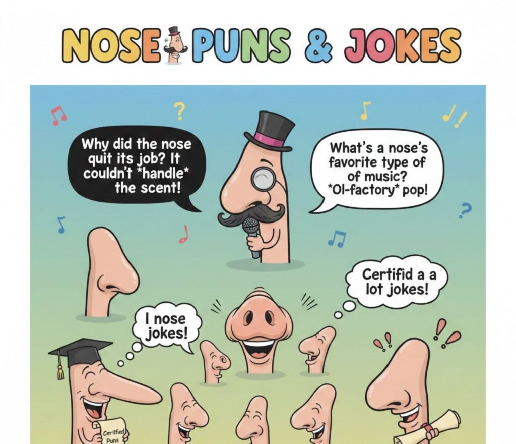 A cartoon character with a large, red nose smiles, surrounded by thought bubbles containing puns like "No nose is good nose!"