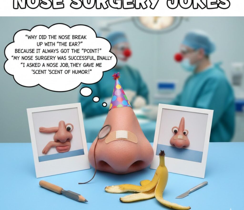 A cartoon bandaged nose smiles with crutches, next to a sign saying "Rhinoplasty Recovery" with puns like "I'm fixing to look nostrildinary!"