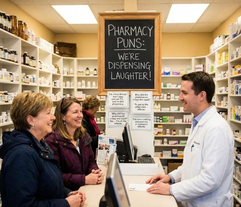 Cartoon pills, bottles, and pharmacists share clever pharmacy puns on signs, mixing medical humor with light, friendly, workplace fun.