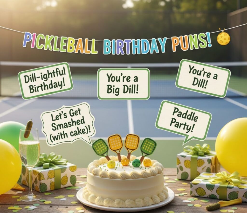 Pickleball birthday puns featuring sporty wordplay, playful court jokes, paddle humor, celebratory laughs, and fun, shareable birthday captions.