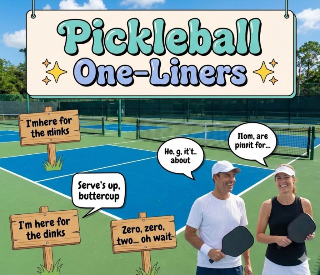 Pickleball one-liners featuring quick court humor, paddle wordplay, sporty jokes, fast laughs, and shareable captions for pickleball fans.