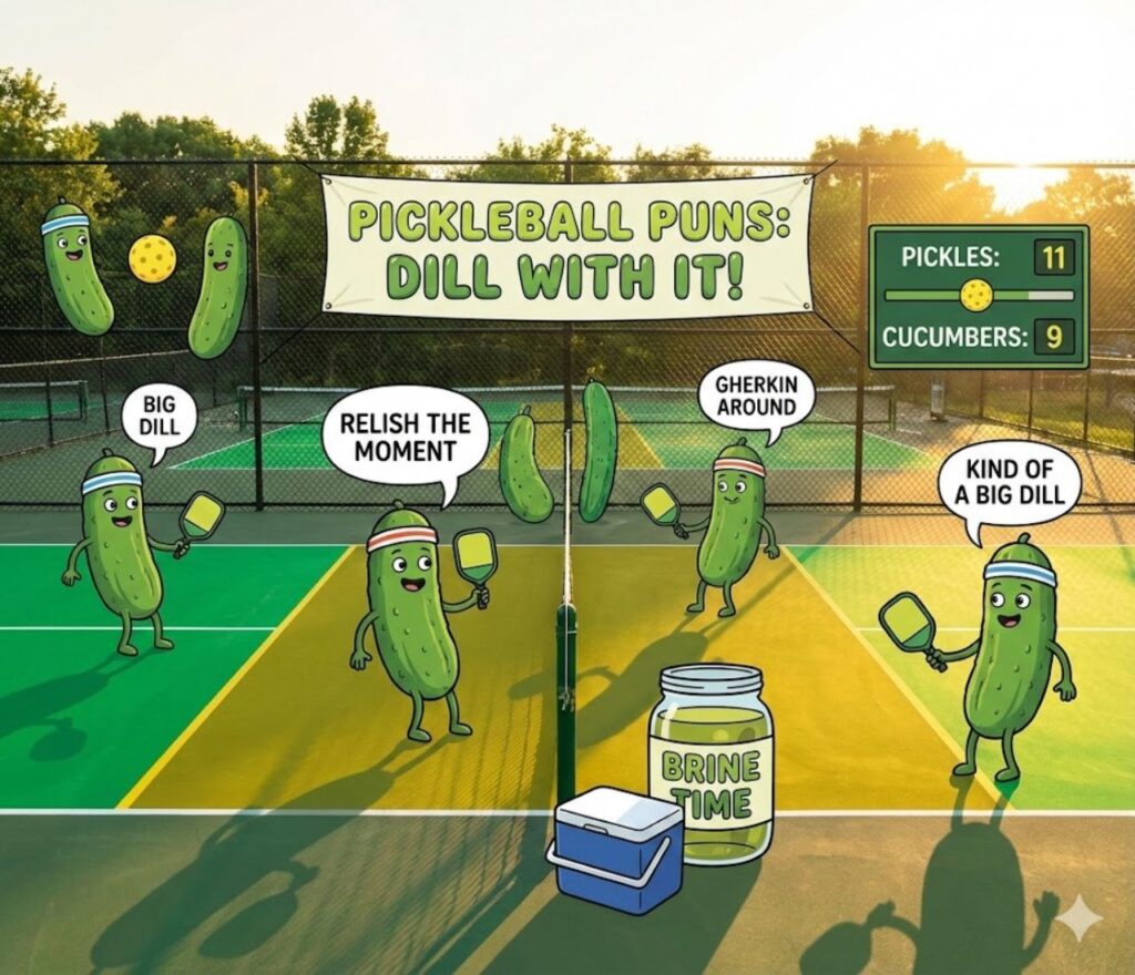 Pickleball puns featuring paddle humor, court wordplay, sporty jokes, playful rallies, and shareable laughs for fans and players everywher