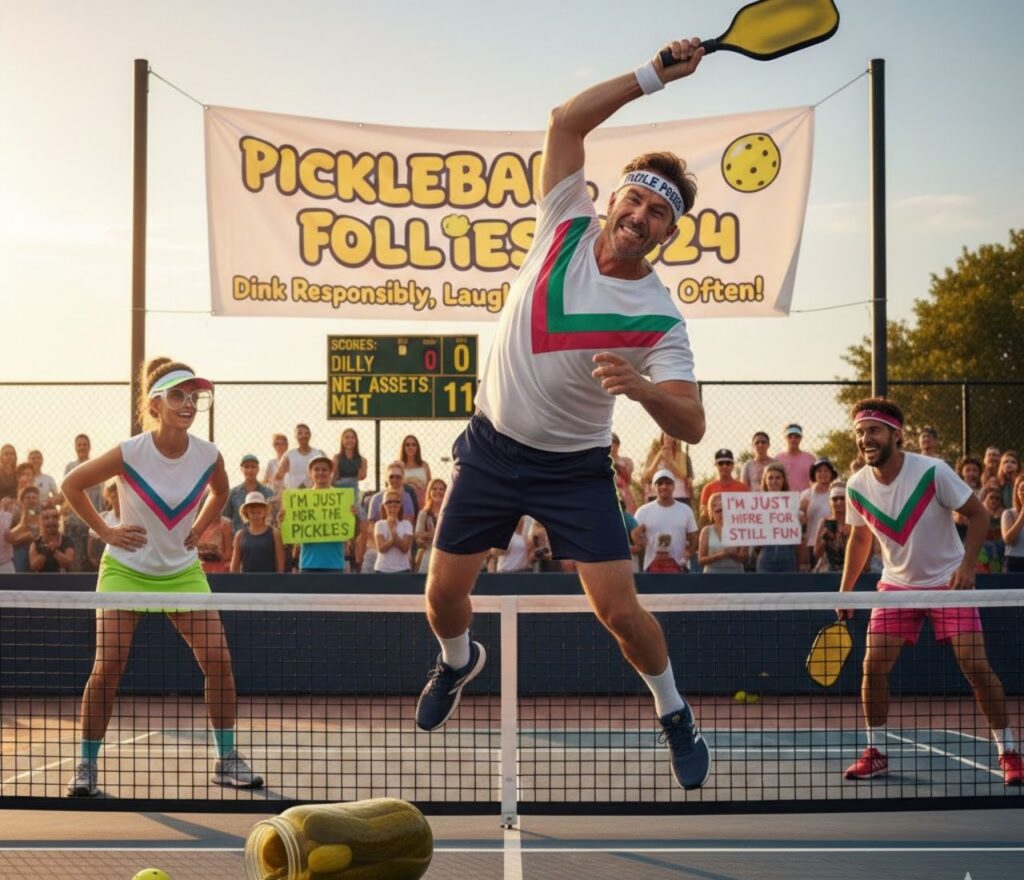 Pickleball tournament humor featuring competitive court jokes, paddle wordplay, playful rival laughs, sporty vibes, and shareable captions for fans