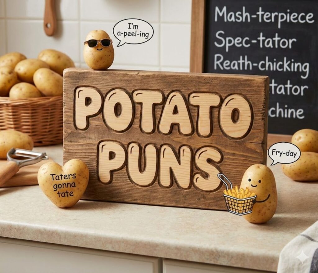 Potato puns featuring spud-tacular wordplay, crispy humor, mashable jokes, tasty laughs, and shareable captions for potato lovers everywhere