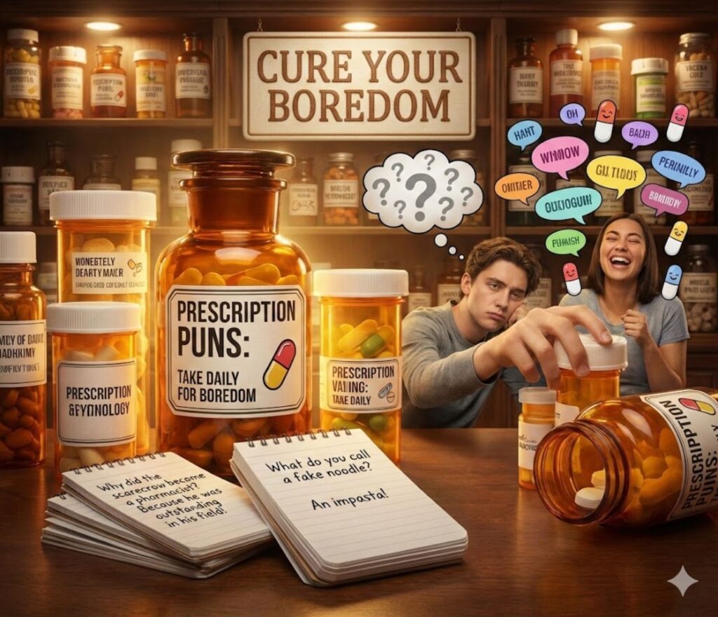 Cartoon prescriptions, pills, and smiling pharmacists share clever puns that promise laughter, bright colors turning boredom into playful medicine today.