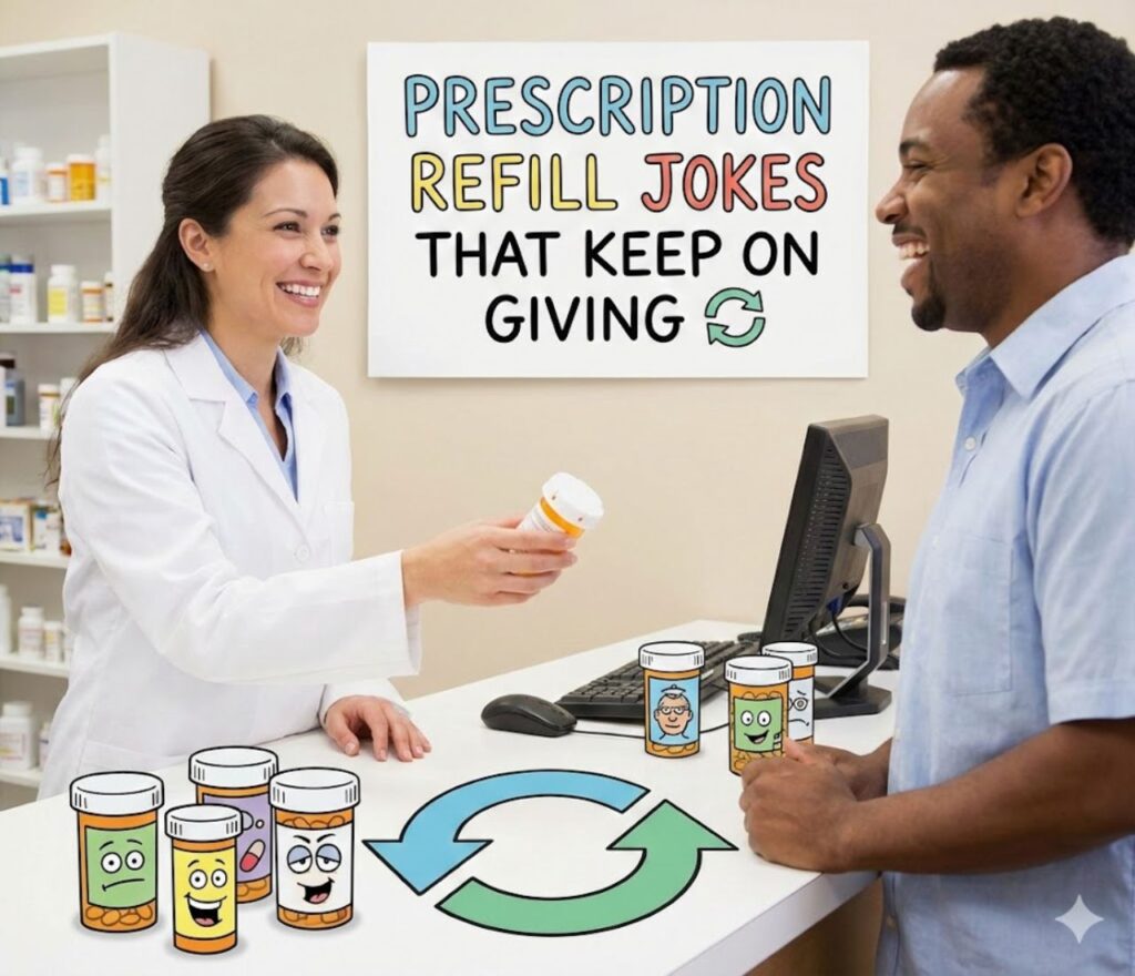 Cartoon pill bottles and prescriptions share refill jokes, promising endless laughs, bright colors, cheerful pharmacy vibes for everyone.