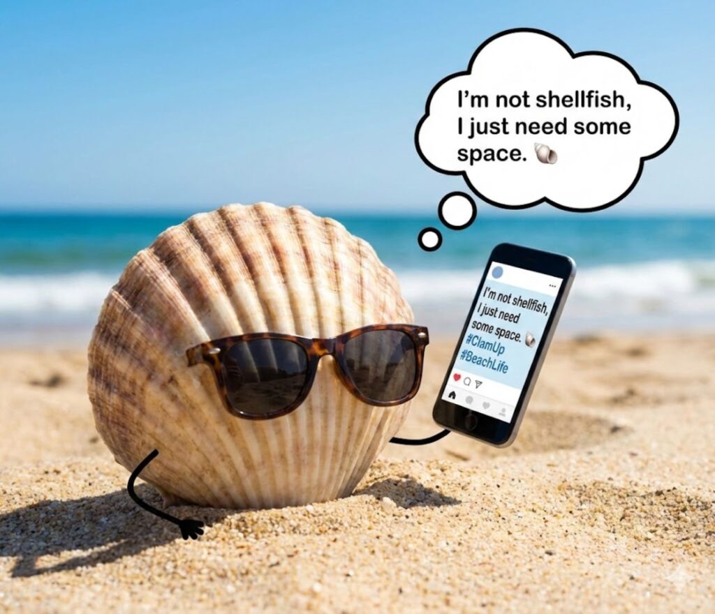 Punny clam captions for social media featuring shell-themed wordplay, ocean humor, playful jokes, beachy vibes, and shareable laughs online. 🐚✨