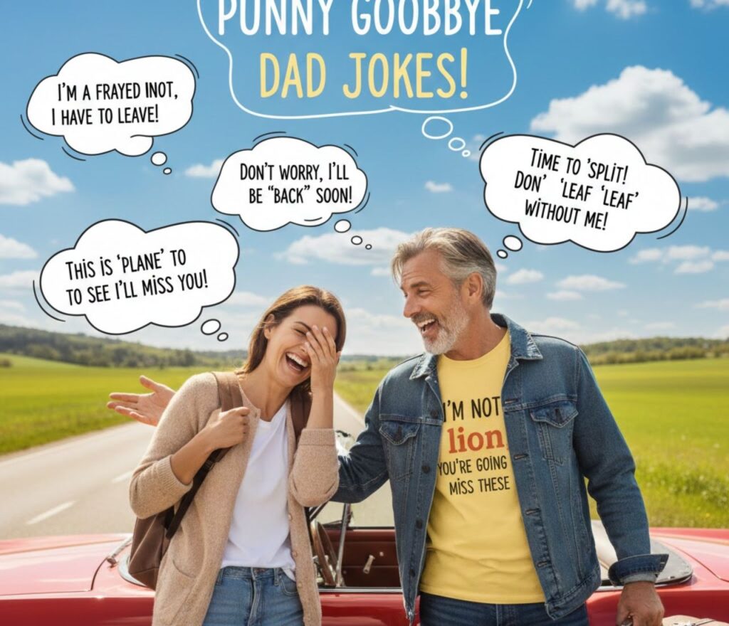 Punny goodbye dad jokes featuring playful farewells, groan-worthy wordplay, lighthearted laughs, and shareable captions to say “see you later” with classic dad humor.