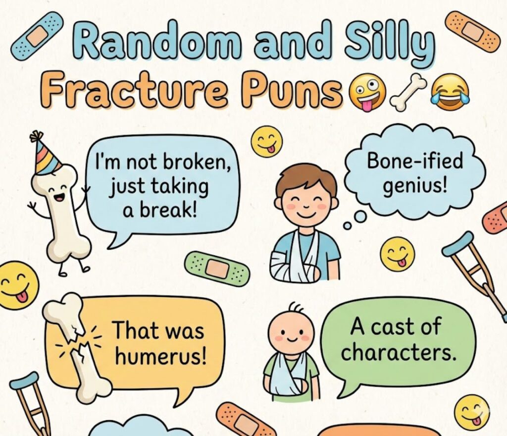 Random and silly fracture puns featuring goofy bone humor, playful wordplay, lighthearted jokes, and fun, shareable laughs online.