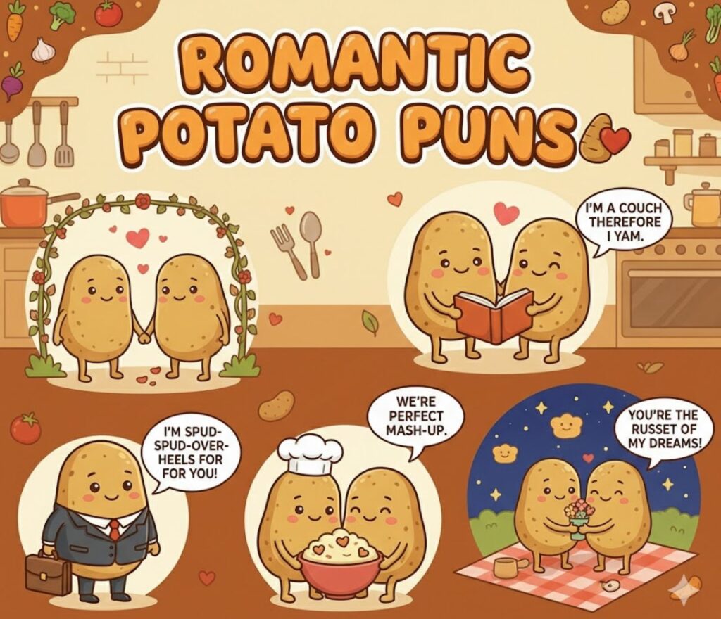 Cheerful cartoon potatoes share funny puns on signs, making everyday moments light, silly, warm with playful humor and cozy kitchen vibes!!!