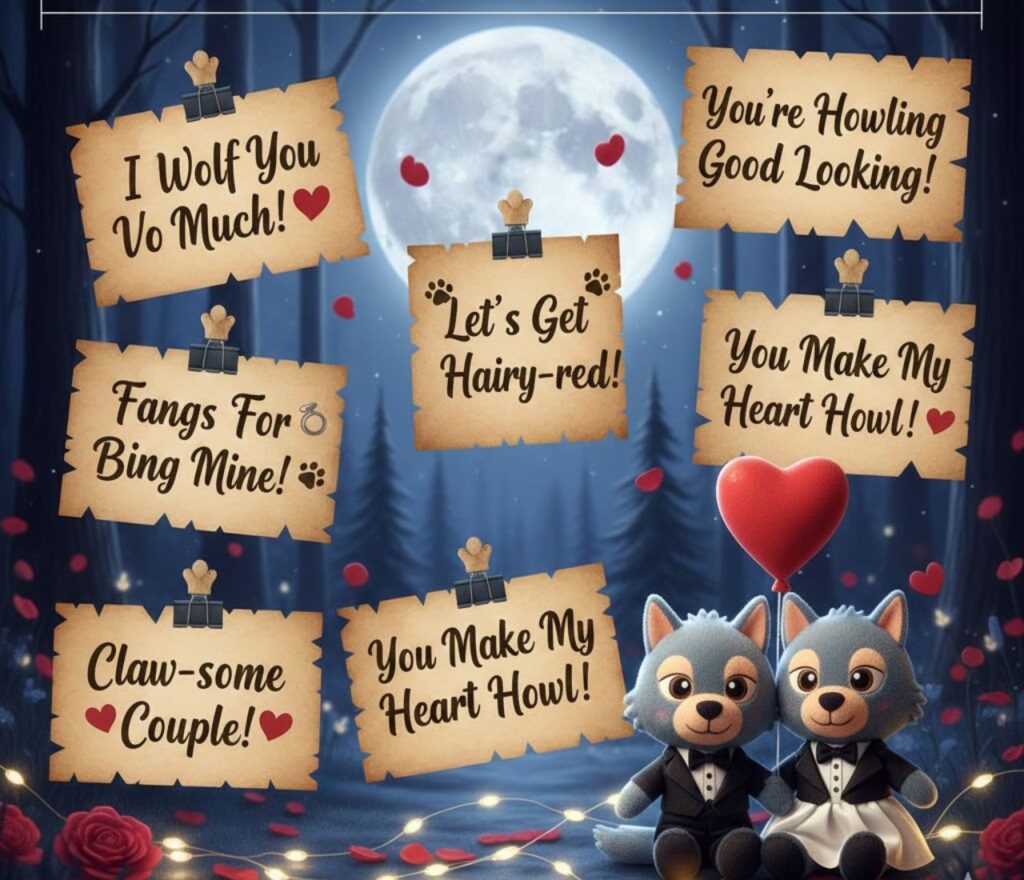 Romantic werewolf puns featuring moonlit love wordplay, howling heart jokes, playful couple humor, and shareable laughs for spooky romance fans.