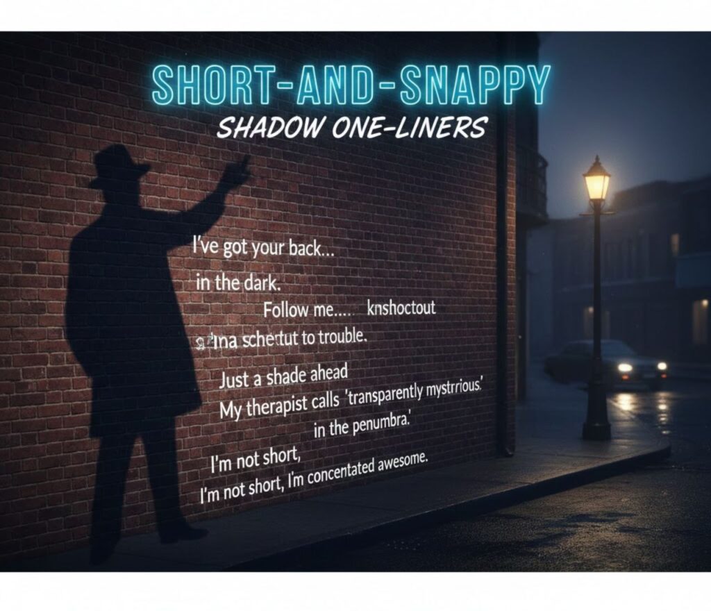 Short and snappy shadow one liners featuring clever wordplay, light versus dark humor, artistic vibes, quick laughs, and shareable captions.