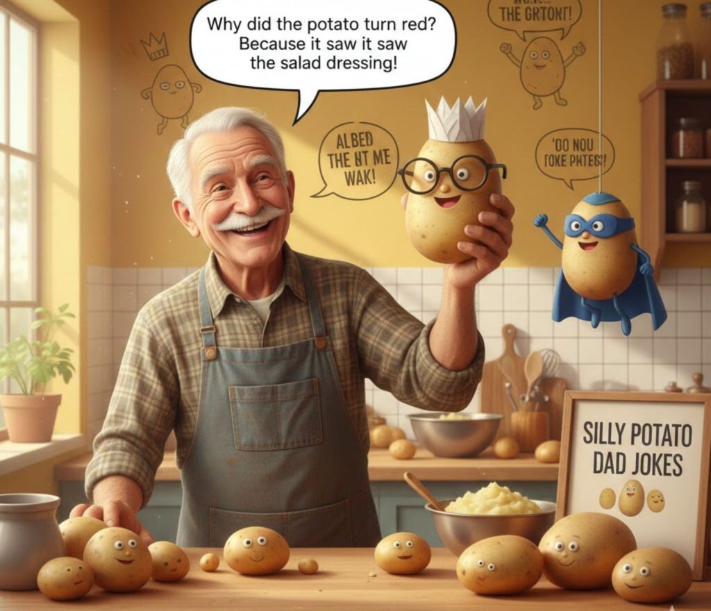 Cute potatoes crack dad jokes with silly expressions, holding signs like βIβm kind of a big dillβ and βYou say tater, I say fun!β