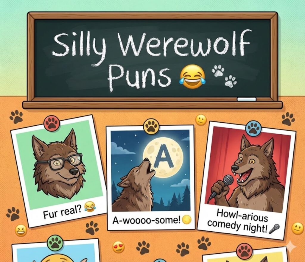 Silly werewolf puns featuring playful howls, goofy wordplay, lighthearted spooky jokes, moonlit fun, and shareable laughs for all ages.