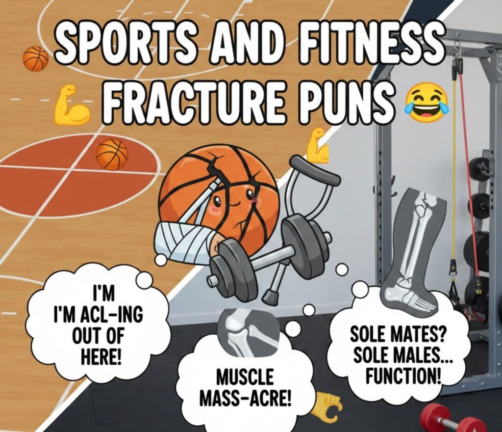 Sports and fitness fracture puns featuring playful injury humor, clever wordplay, athletic mishap jokes, and lighthearted, shareable laughs.