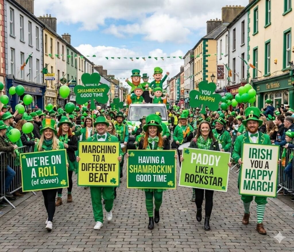 St Patrick’s Day March puns featuring lucky shamrock humor, Irish wordplay, festive jokes, green vibes, and cheerful, shareable laughs online.