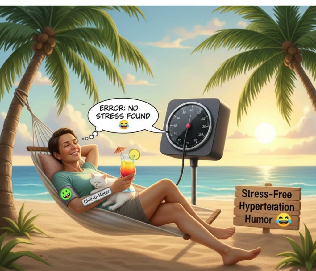 Stress free hypertension humor featuring calming jokes, gentle wordplay, lighthearted blood pressure laughs, relaxing vibes, and reassuring smiles online.