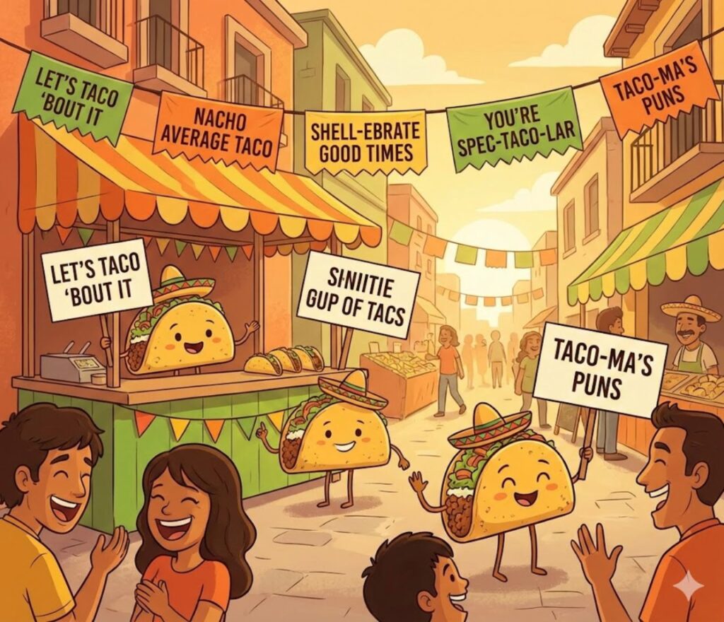 Taco puns featuring shell-yeah wordplay, spicy humor, tasty jokes, fiesta vibes, and shareable laughs for taco lovers everywhere