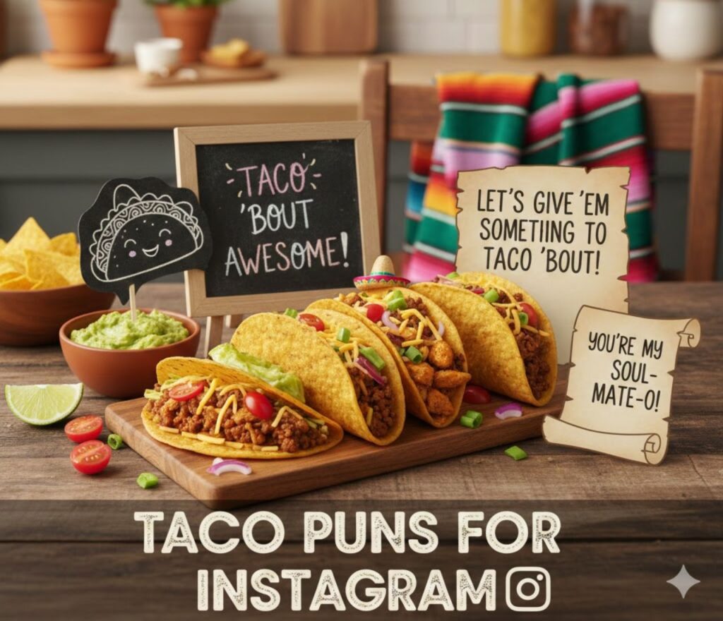 Taco puns for Instagram featuring playful wordplay, cheesy humor, fiesta vibes, pun-filled captions, and shareable laughs for social media posts.