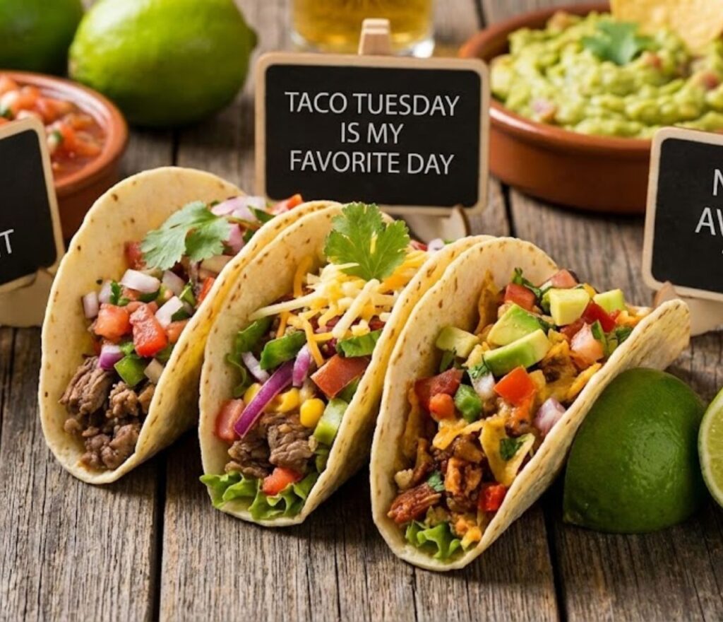 Smiling taco characters cracking cheesy jokes, stacked with lettuce, cheese, and pure pun energy.